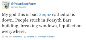 Tweet von @PolarBearFarm kurz nach dem Beben
